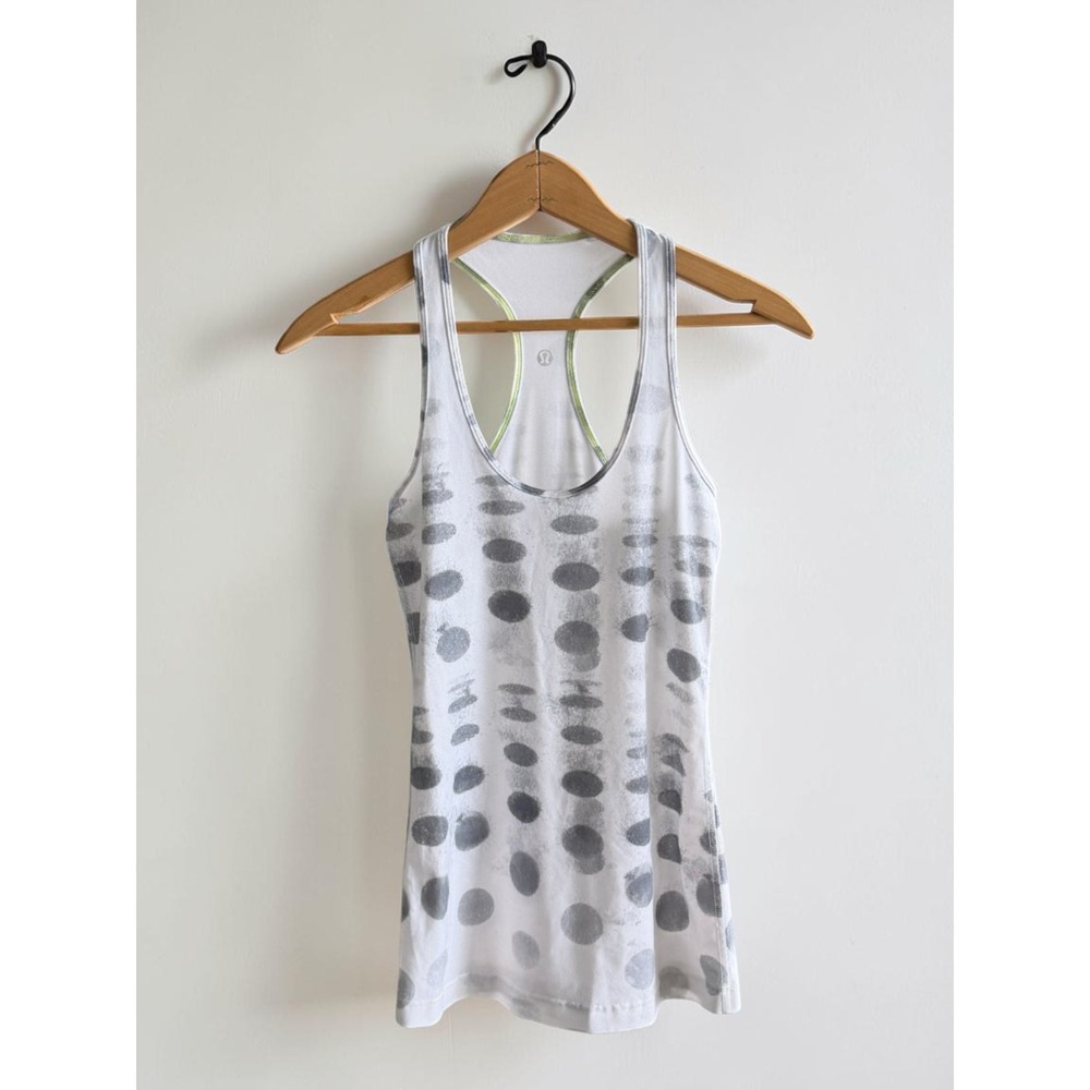 Lululemon Cool Racerback Tank Top White Grey Polka Dot Size 4 6 Yoga Athletic
